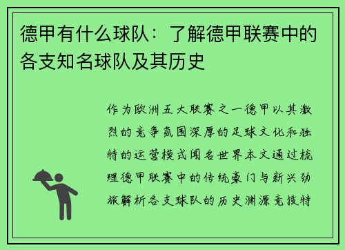 德甲有什么球队：了解德甲联赛中的各支知名球队及其历史